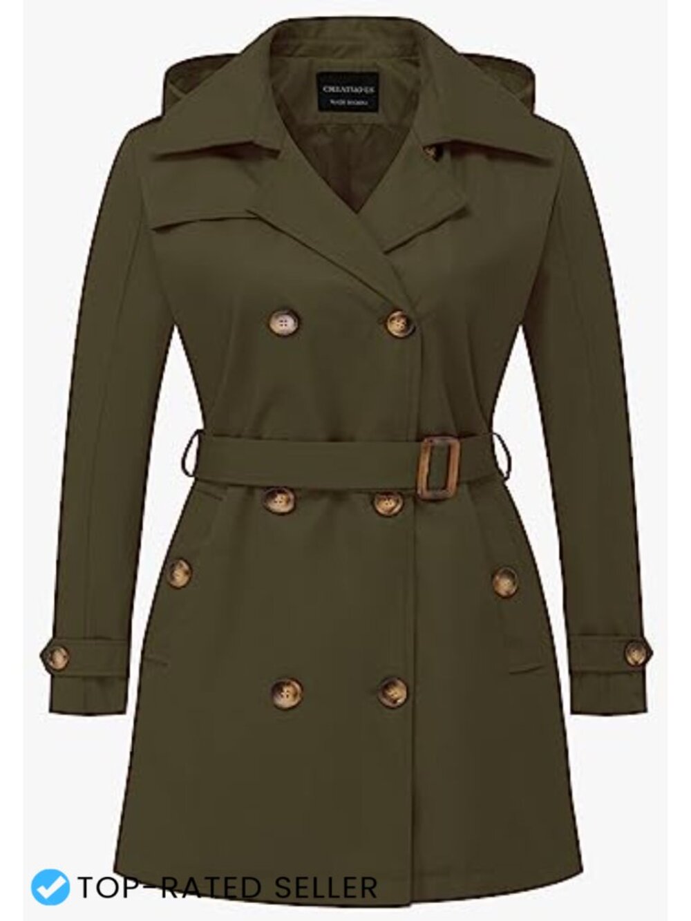 Plus Size Trench Coat Double-Breasted Belted Detachable Hood Water Resistant